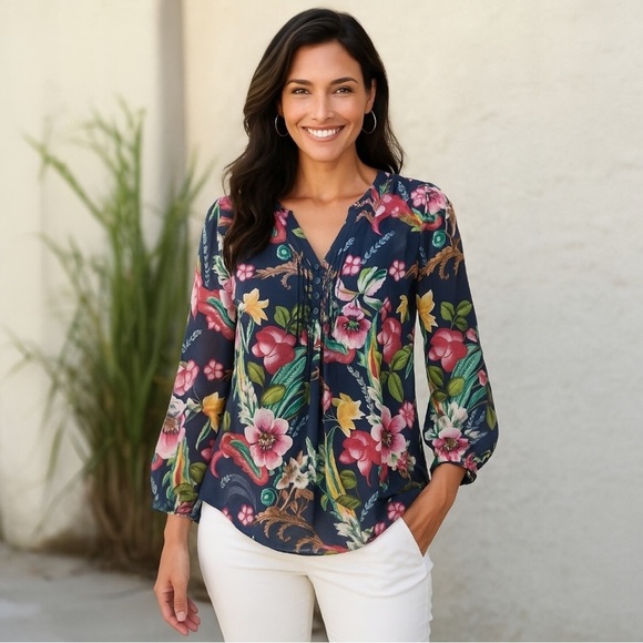 Soft Surroundings Tops - Soft Surroundings Navy Blue Floral Samantha Georgette Top - Medium